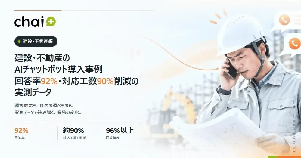 建設・不動産のAIチャットボット導入事例｜回答率92%・対応工数90%削減の実測データ【chai+】