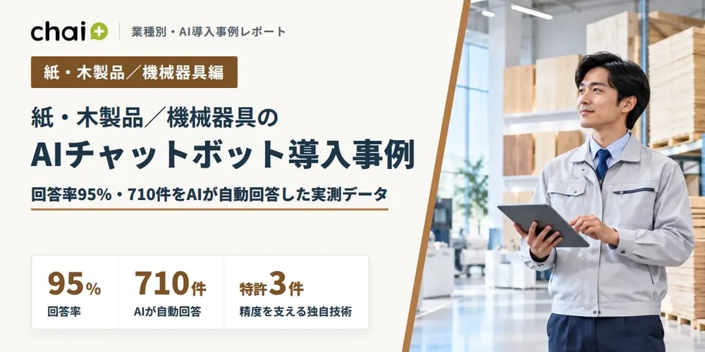 紙・木製品／機械器具業界におけるAIチャットボット導入事例と工場内でタブレットを持つ作業着姿の男性