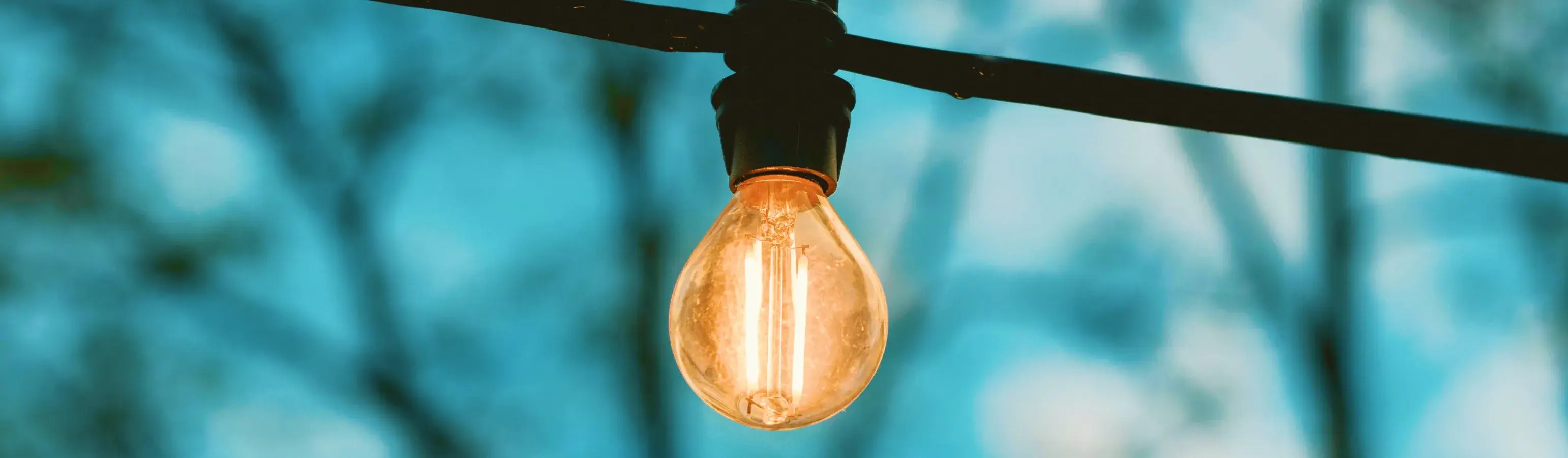 屋外に吊るされた、温かい光を放つ一球のエジソン電球_pc