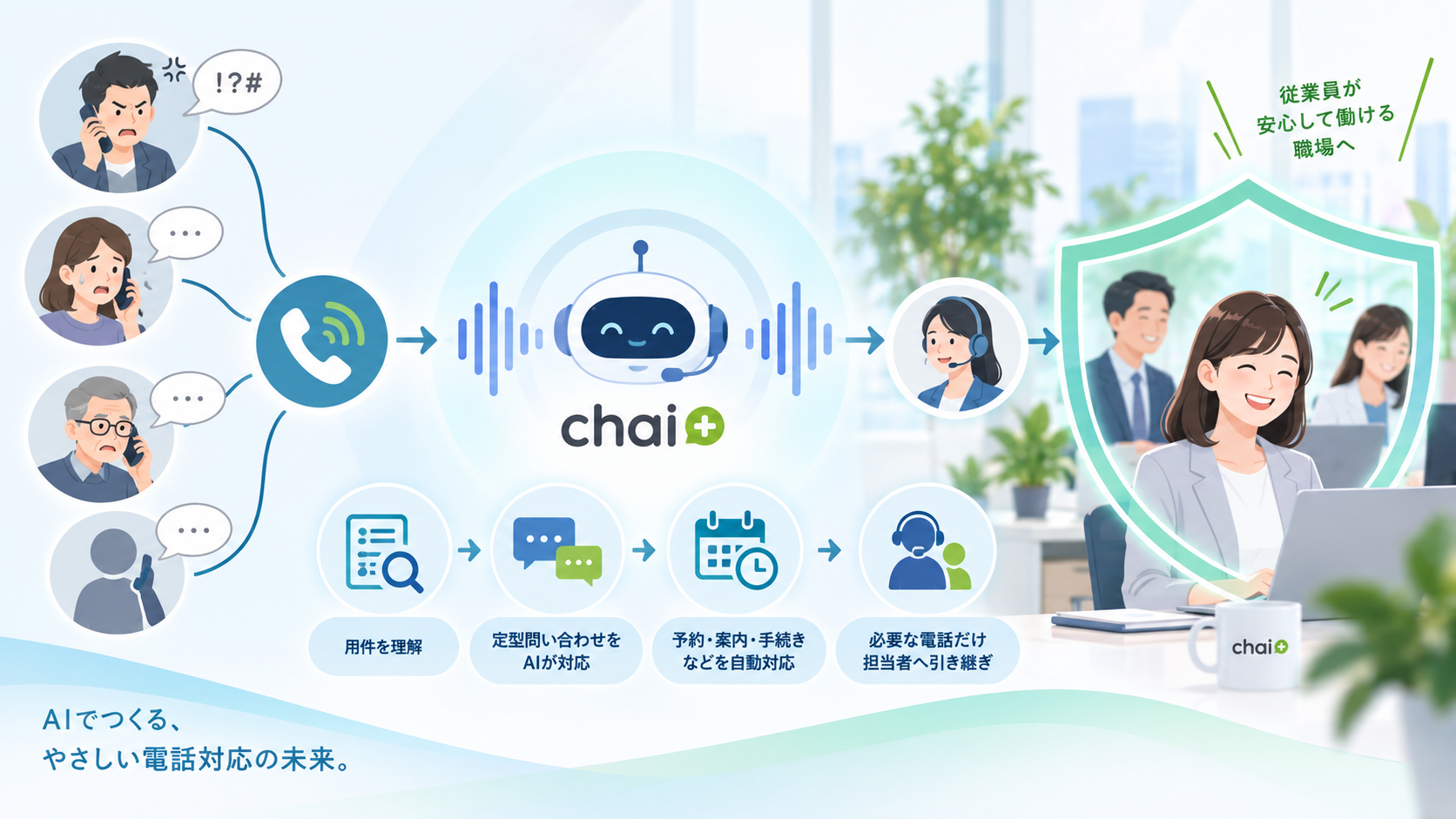AIボイスボットが電話を一次対応し、カスハラから従業員を守る仕組みのイメージ